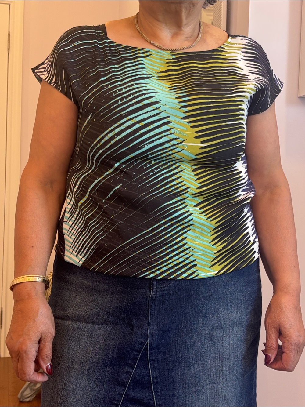 LOFT Black Short Sleeve Top with Lime and Aqua Wave Stripes